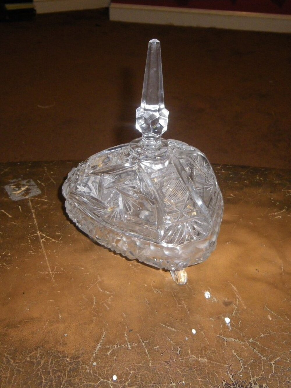 Vintage Large Thick Crystal Triangle Candy Dish w/ Tall Lid Classic Home Decor